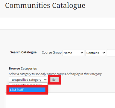 Find All Staff via the Community Catalogue, click the Browse Categories drop down menu and select 'LBU Staff' and 'Go' 